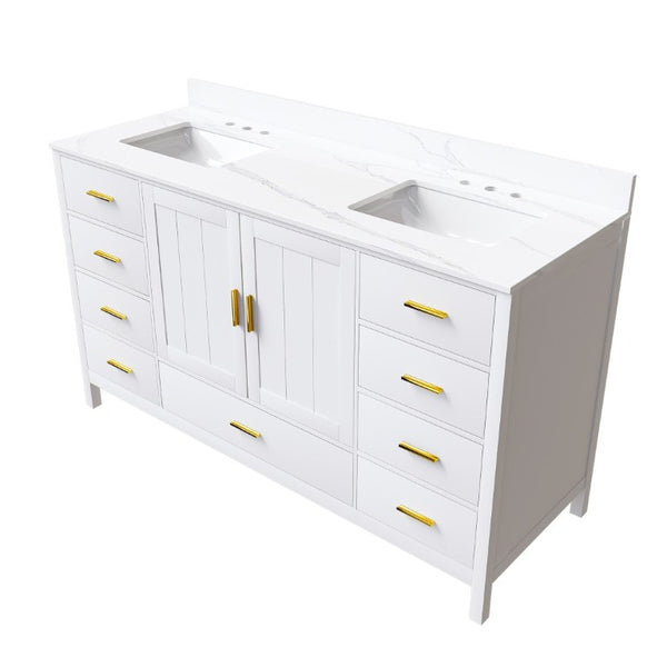 English Elm 60 Inch Double Sink Bathroom Vanity Quartz Top Gold Hardware 7 Drawer Storage White W2699S00144