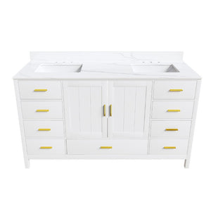 English Elm 60 Inch Double Sink Bathroom Vanity Quartz Top Gold Hardware 7 Drawer Storage White W2699S00144
