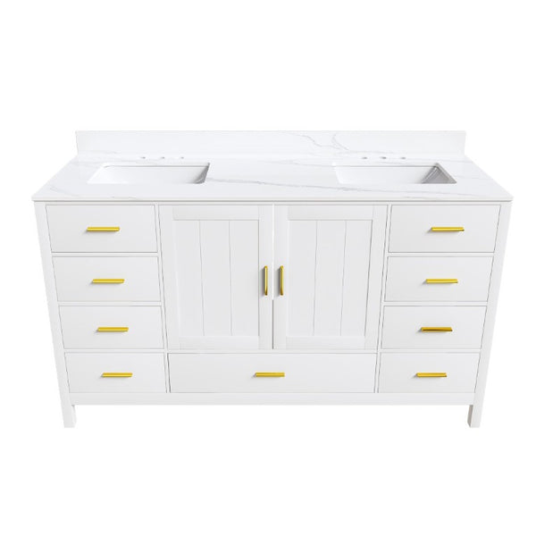 English Elm 60 Inch Double Sink Bathroom Vanity Quartz Top Gold Hardware 7 Drawer Storage White W2699S00144