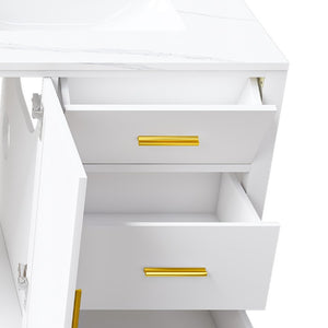 English Elm 60 Inch Double Sink Bathroom Vanity Quartz Top Gold Hardware 7 Drawer Storage White W2699S00144