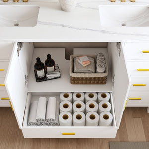 English Elm 60 Inch Double Sink Bathroom Vanity Quartz Top Gold Hardware 7 Drawer Storage White W2699S00144
