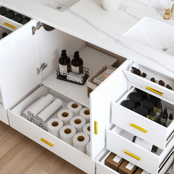 English Elm 60 Inch Double Sink Bathroom Vanity Quartz Top Gold Hardware 7 Drawer Storage White W2699S00144