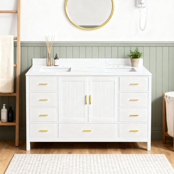 English Elm 60 Inch Double Sink Bathroom Vanity Quartz Top Gold Hardware 7 Drawer Storage White W2699S00144