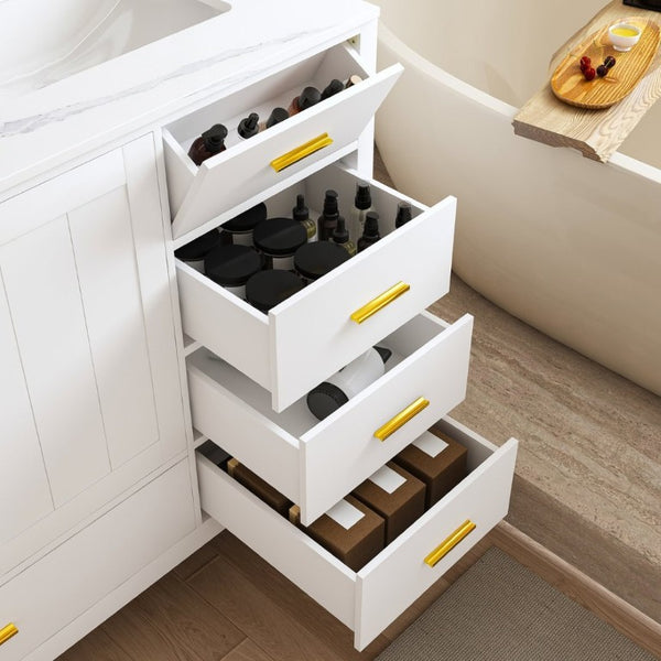 English Elm 60 Inch Double Sink Bathroom Vanity Quartz Top Gold Hardware 7 Drawer Storage White W2699S00144