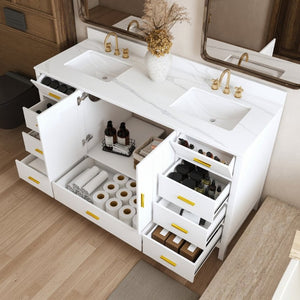 English Elm 60 Inch Double Sink Bathroom Vanity Quartz Top Gold Hardware 7 Drawer Storage White W2699S00144