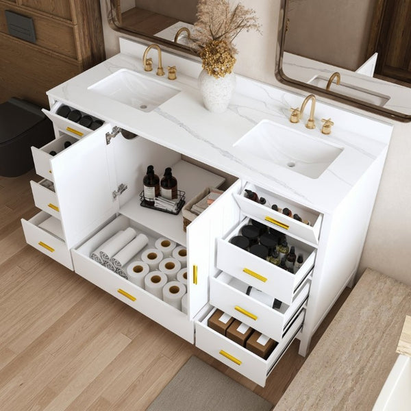 English Elm 60 Inch Double Sink Bathroom Vanity Quartz Top Gold Hardware 7 Drawer Storage White W2699S00144