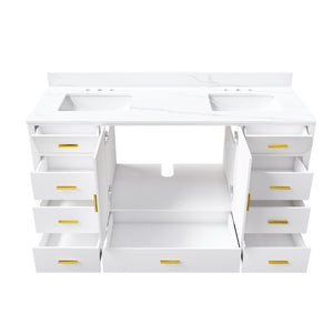 English Elm 60 Inch Double Sink Bathroom Vanity Quartz Top Gold Hardware 7 Drawer Storage White W2699S00144