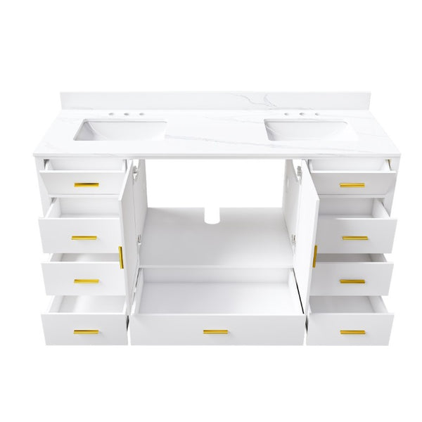 English Elm 60 Inch Double Sink Bathroom Vanity Quartz Top Gold Hardware 7 Drawer Storage White W2699S00144