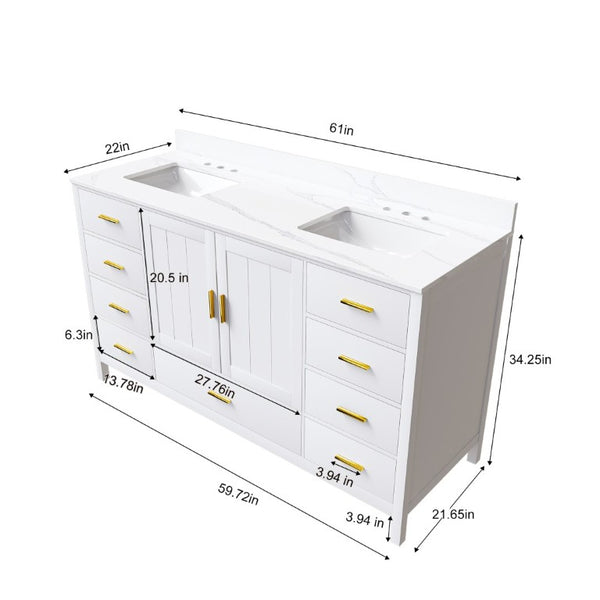 English Elm 60 Inch Double Sink Bathroom Vanity Quartz Top Gold Hardware 7 Drawer Storage White W2699S00144