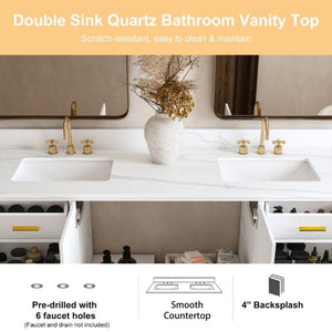 English Elm 60 Inch Double Sink Bathroom Vanity Quartz Top Gold Hardware 7 Drawer Storage White W2699S00144
