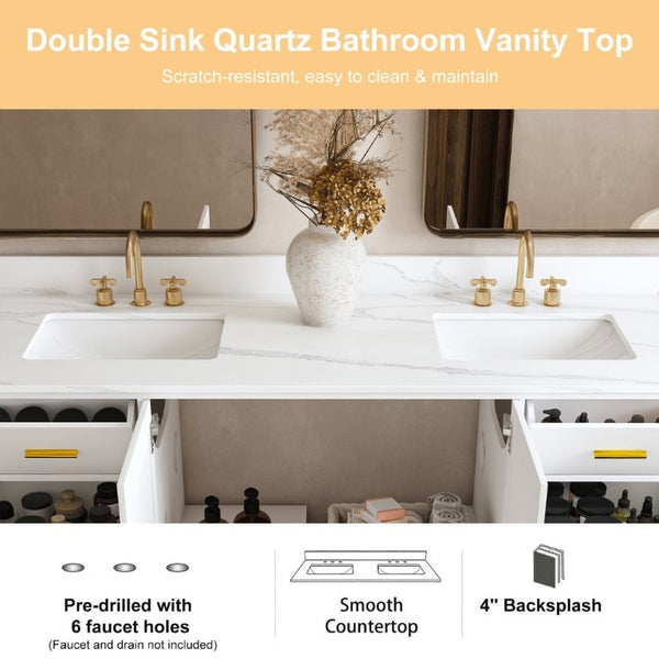 English Elm 60 Inch Double Sink Bathroom Vanity Quartz Top Gold Hardware 7 Drawer Storage White W2699S00144