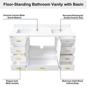 English Elm 60 Inch Double Sink Bathroom Vanity Quartz Top Gold Hardware 7 Drawer Storage White W2699S00144