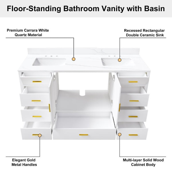 English Elm 60 Inch Double Sink Bathroom Vanity Quartz Top Gold Hardware 7 Drawer Storage White W2699S00144