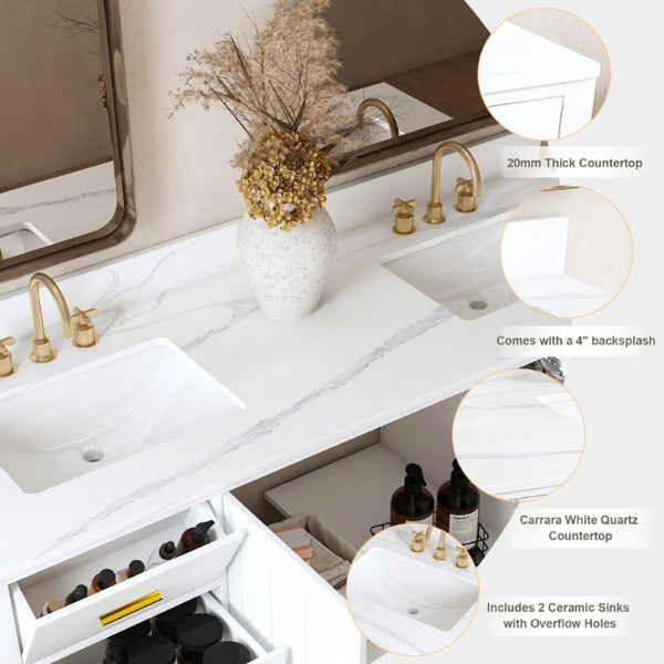 English Elm 60 Inch Double Sink Bathroom Vanity Quartz Top Gold Hardware 7 Drawer Storage White W2699S00144