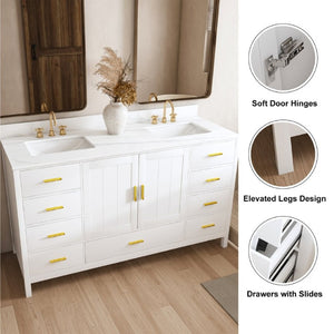 English Elm 60 Inch Double Sink Bathroom Vanity Quartz Top Gold Hardware 7 Drawer Storage White W2699S00144