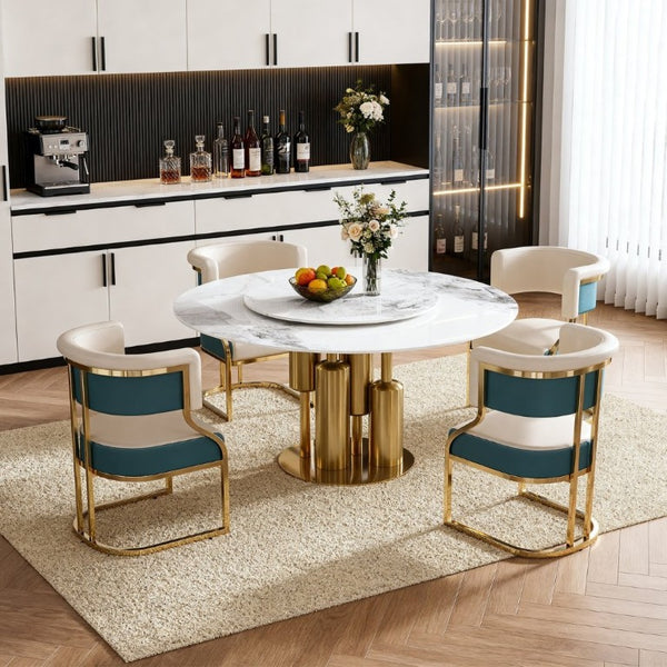 English Elm 59 Inch Sintered Stone Round Dining Set with Lazy Susan and Four Cushioned Gold Chairs W2699S00145