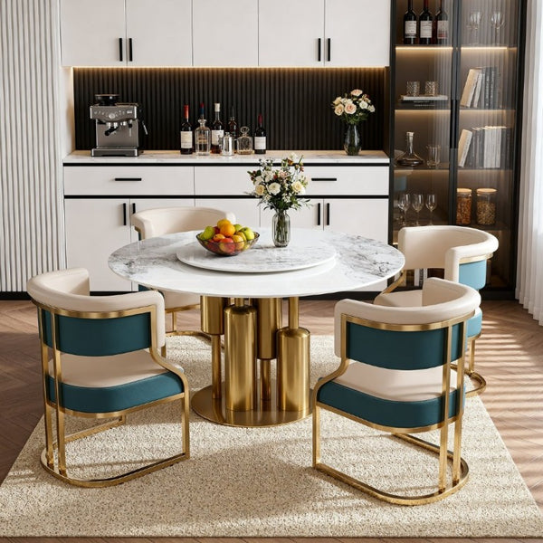 English Elm 59 Inch Sintered Stone Round Dining Set with Lazy Susan and Four Cushioned Gold Chairs W2699S00145