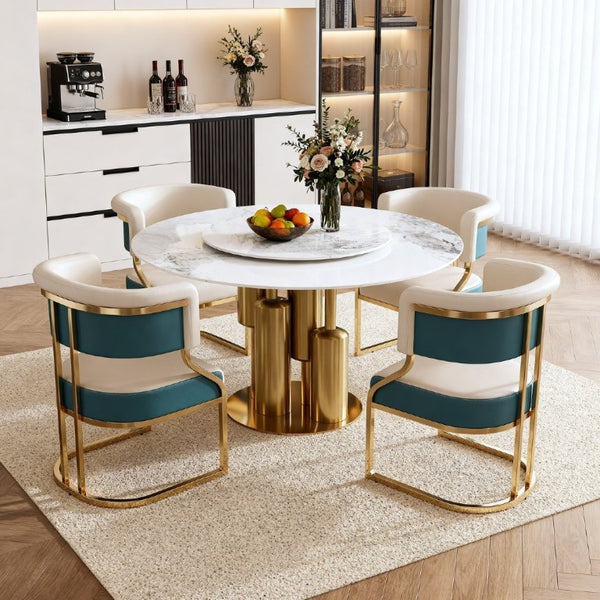 English Elm 59 Inch Sintered Stone Round Dining Set with Lazy Susan and Four Cushioned Gold Chairs W2699S00145