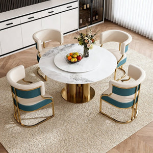 English Elm 59 Inch Sintered Stone Round Dining Set with Lazy Susan and Four Cushioned Gold Chairs W2699S00145