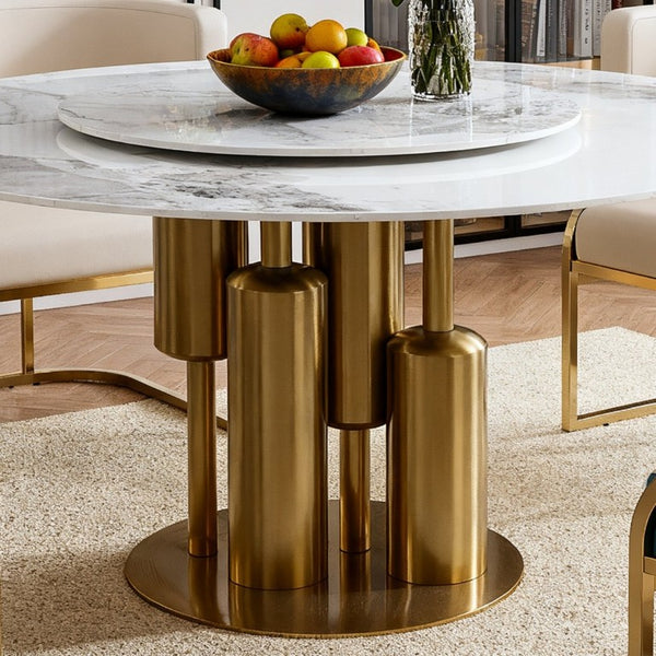 English Elm 59 Inch Sintered Stone Round Dining Set with Lazy Susan and Four Cushioned Gold Chairs W2699S00145