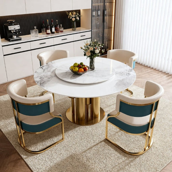 English Elm 59 Inch Sintered Stone Round Dining Set with Lazy Susan and Four Cushioned Gold Chairs W2699S00145