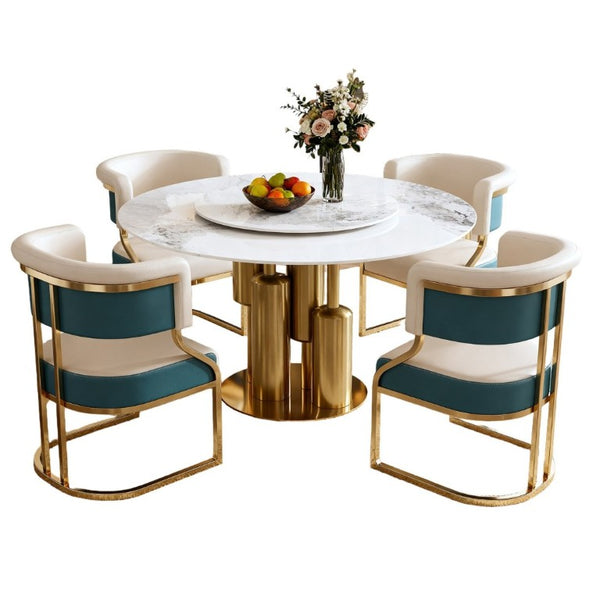 English Elm 59 Inch Sintered Stone Round Dining Set with Lazy Susan and Four Cushioned Gold Chairs W2699S00145