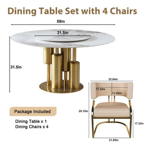 English Elm 59 Inch Sintered Stone Round Dining Set with Lazy Susan and Four Cushioned Gold Chairs W2699S00145