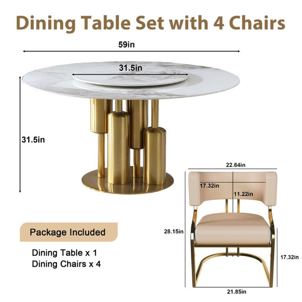 English Elm 59 Inch Sintered Stone Round Dining Set with Lazy Susan and Four Cushioned Gold Chairs W2699S00145
