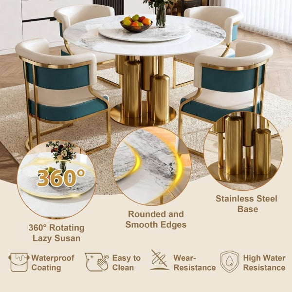 English Elm 59 Inch Sintered Stone Round Dining Set with Lazy Susan and Four Cushioned Gold Chairs W2699S00145