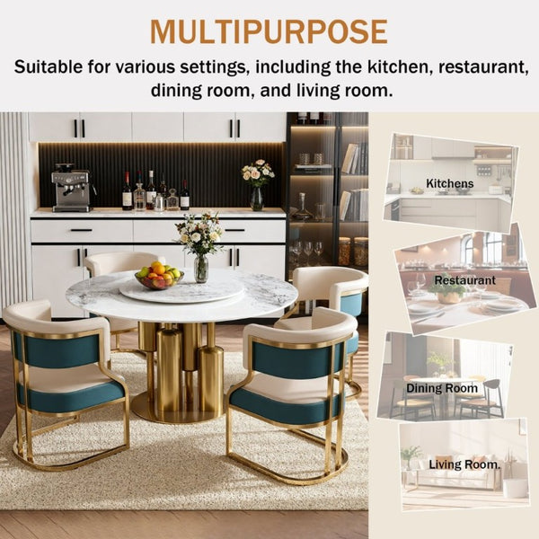 English Elm 59 Inch Sintered Stone Round Dining Set with Lazy Susan and Four Cushioned Gold Chairs W2699S00145