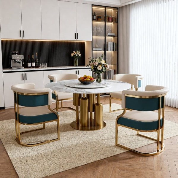 English Elm 59 Inch Sintered Stone Round Dining Set with Lazy Susan and Four Cushioned Gold Chairs W2699S00145