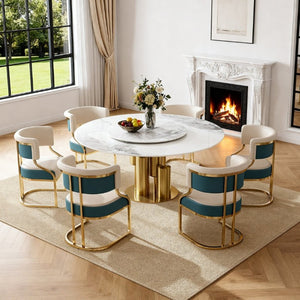 English Elm 59 Inch Round Sintered Stone 7 Piece Dining Set with Lazy Susan and Gold Iron Chairs W2699S00146