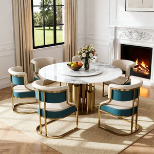 English Elm 59 Inch Round Sintered Stone 7 Piece Dining Set with Lazy Susan and Gold Iron Chairs W2699S00146