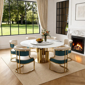 English Elm 59 Inch Round Sintered Stone 7 Piece Dining Set with Lazy Susan and Gold Iron Chairs W2699S00146