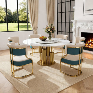 English Elm 59 Inch Round Sintered Stone 7 Piece Dining Set with Lazy Susan and Gold Iron Chairs W2699S00146
