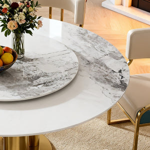 English Elm 59 Inch Round Sintered Stone 7 Piece Dining Set with Lazy Susan and Gold Iron Chairs W2699S00146