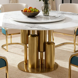 English Elm 59 Inch Round Sintered Stone 7 Piece Dining Set with Lazy Susan and Gold Iron Chairs W2699S00146