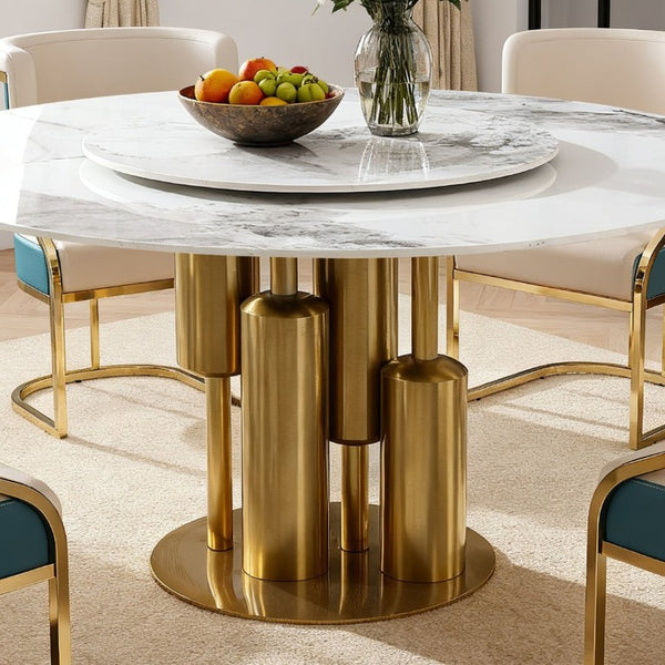 English Elm 59 Inch Round Sintered Stone 7 Piece Dining Set with Lazy Susan and Gold Iron Chairs W2699S00146