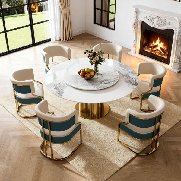 English Elm 59 Inch Round Sintered Stone 7 Piece Dining Set with Lazy Susan and Gold Iron Chairs W2699S00146