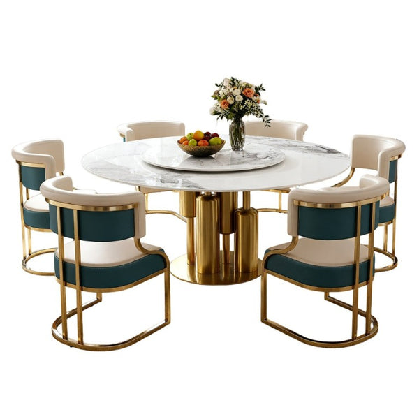 English Elm 59 Inch Round Sintered Stone 7 Piece Dining Set with Lazy Susan and Gold Iron Chairs W2699S00146
