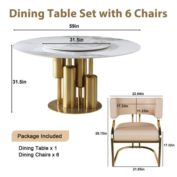 English Elm 59 Inch Round Sintered Stone 7 Piece Dining Set with Lazy Susan and Gold Iron Chairs W2699S00146