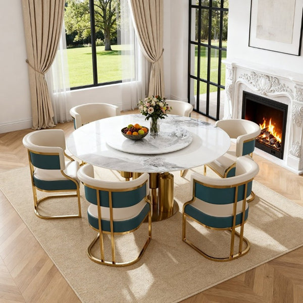 English Elm 59 Inch Round Sintered Stone 7 Piece Dining Set with Lazy Susan and Gold Iron Chairs W2699S00146