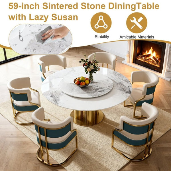 English Elm 59 Inch Round Sintered Stone 7 Piece Dining Set with Lazy Susan and Gold Iron Chairs W2699S00146
