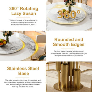 English Elm 59 Inch Round Sintered Stone 7 Piece Dining Set with Lazy Susan and Gold Iron Chairs W2699S00146