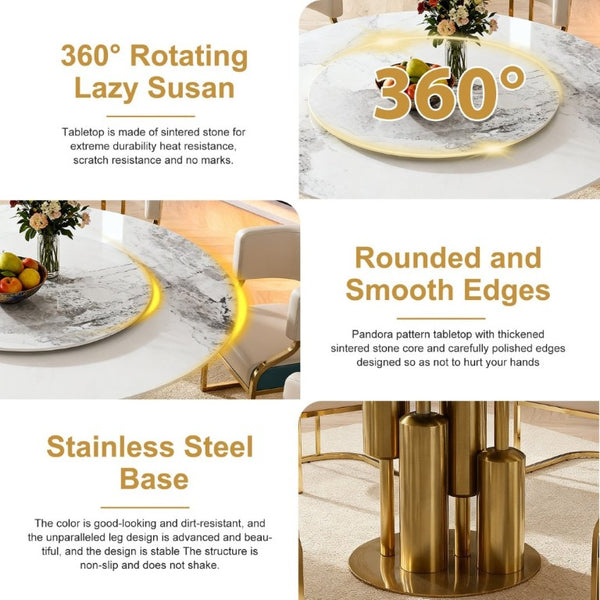 English Elm 59 Inch Round Sintered Stone 7 Piece Dining Set with Lazy Susan and Gold Iron Chairs W2699S00146