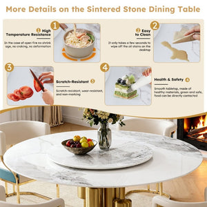English Elm 59 Inch Round Sintered Stone 7 Piece Dining Set with Lazy Susan and Gold Iron Chairs W2699S00146