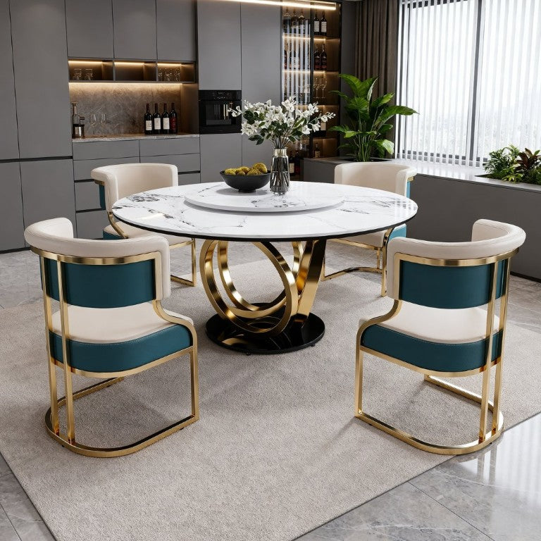 English Elm 59 Inch Round Sintered Stone Dining Set with Lazy Susan and Gold Iron Cushion Chairs W2699S00147