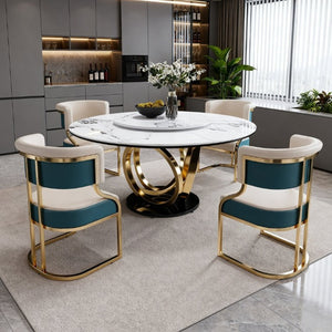 English Elm 59 Inch Round Sintered Stone Dining Set with Lazy Susan and Gold Iron Cushion Chairs W2699S00147