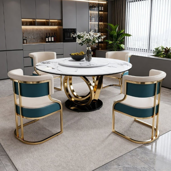 English Elm 59 Inch Round Sintered Stone Dining Set with Lazy Susan and Gold Iron Cushion Chairs W2699S00147