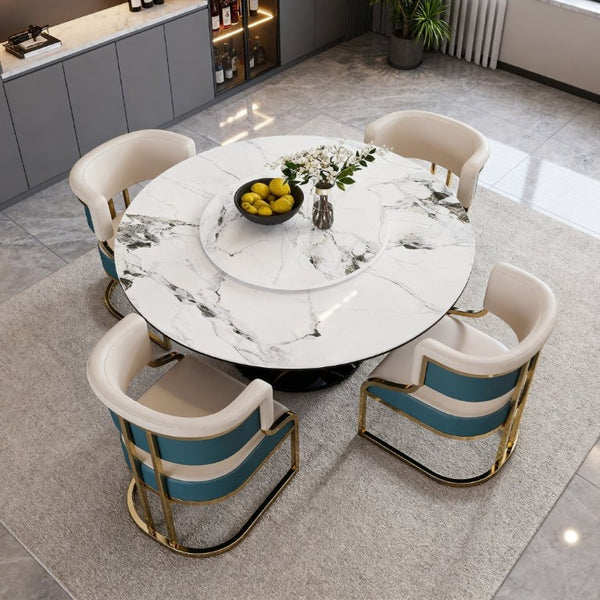 English Elm 59 Inch Round Sintered Stone Dining Set with Lazy Susan and Gold Iron Cushion Chairs W2699S00147